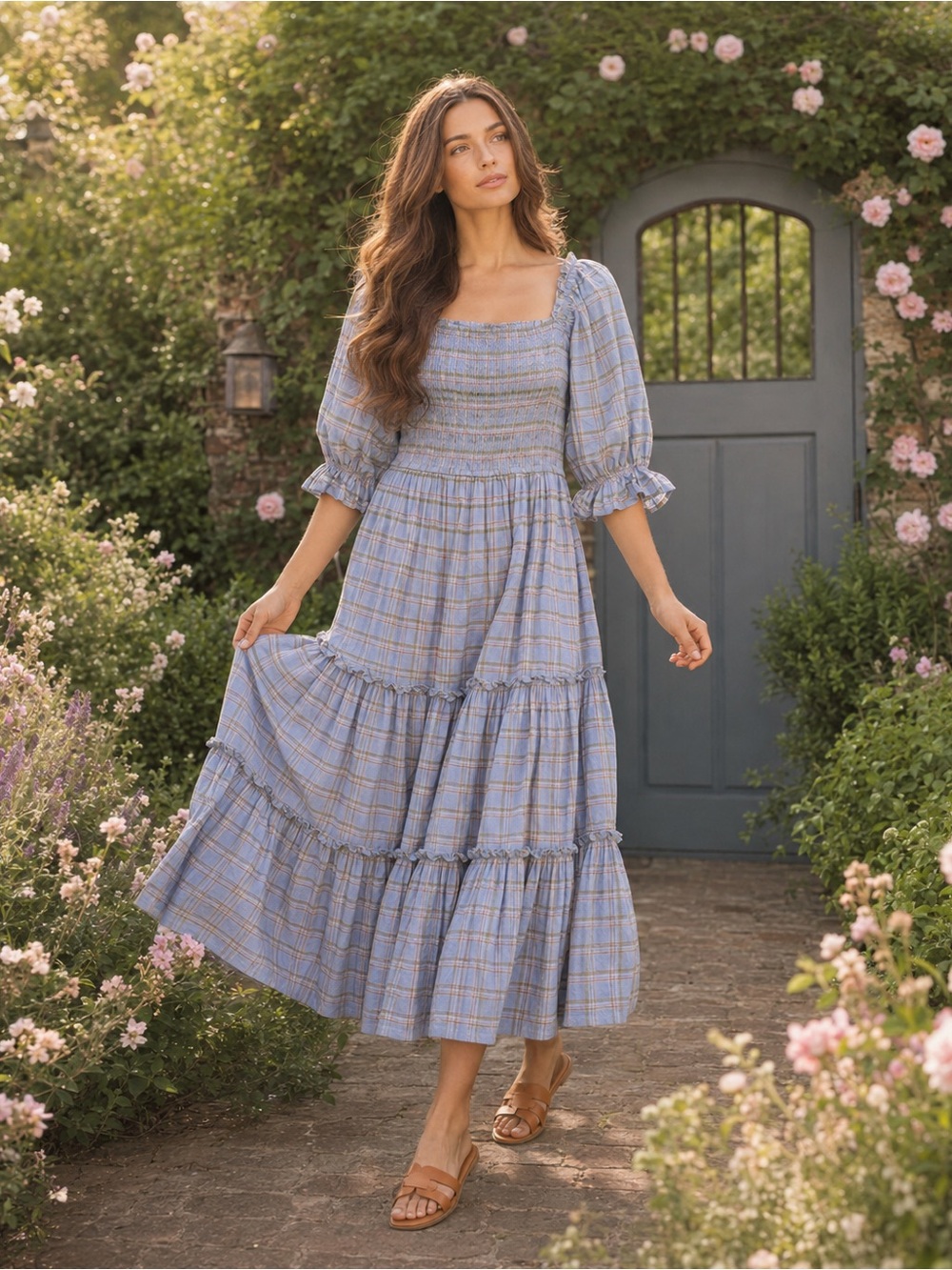 Ivy City Co Madeline Dress Light Blue Plaid Smocked Midi S